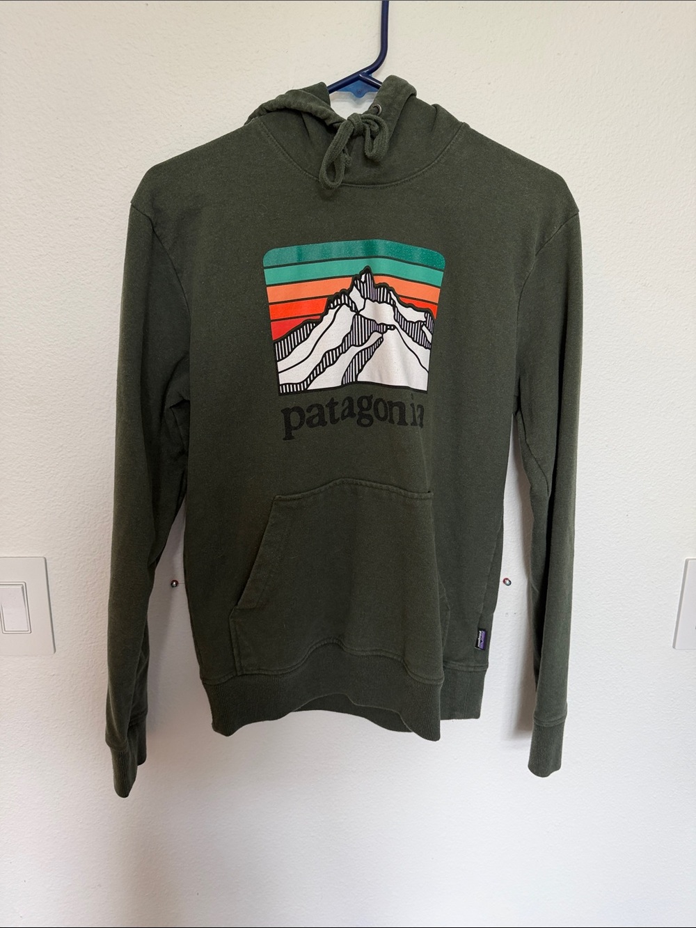 Patagonia Olive Green Pullover Hoodie with Multicolor Mountain Graphic
